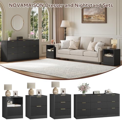 3-Piece 9 Drawer Dresser and 1-Drawer Nightstand Set, Black丨63 Wide Fluted Bedroom Dresser Set Night Stand Set of 2, Modern Wood Chest of Drawers Storage Dressers Set for Bedroom