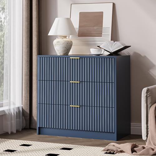 MAISONARIA Fluted Dresser for Bedroom, 32 Inch Wide Nightstand with Large Drawer, 3 Drawer End Table for Bedroom, Living Rooms, Offices, and Entryways, Navy Blue