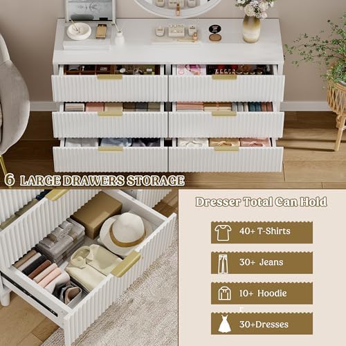 Wood Tall 6 Drawers Dresser, 53.2" W Fluted Modern Dressers for Bedroom