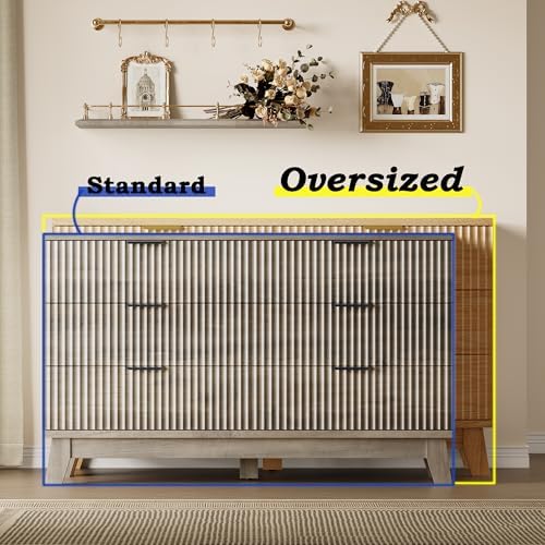 BORNOON 53" Long Dresser for Bedroom, 6-Drawer Dresser with Fluted Fronts, Wide Wood Chest of Drawers, Smooth Metal Slides, Stable Base, Modern Clothes Storage Cabinet for Living Room, Hallway