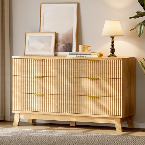Xixini Fluted Dresser with 6 Drawers, 54" Wide Modern Chest of Drawers with Metal Handle, Wooden Dresser TV Stand, Wood Closet Clothes Storage Organizer for Bedroom, Living Room, Hallway, Natural Oak