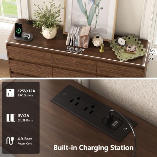 Gyfimoie Walnut Fluted 9-Drawer Dresser for Bedroom w/Power Outlet
