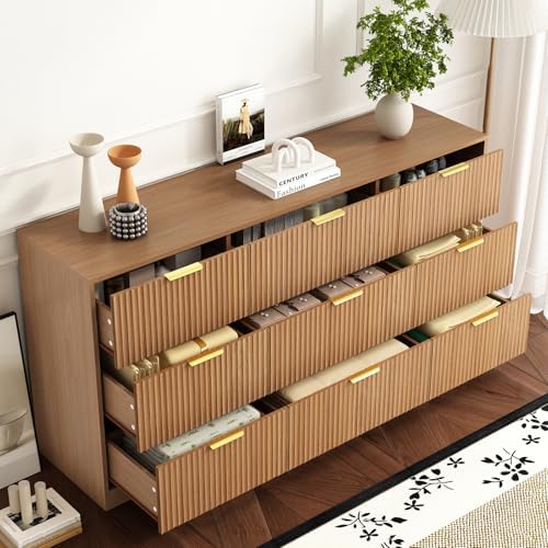 9 Drawer Fluted Dresser for Bedroom with Deep Drawers, Light Walnut丨63 Wide Wood Dresser, Large Chest of Drawers, Modern Long TV Stand, Storage Cabinet Side Table for Living Room, Hallway