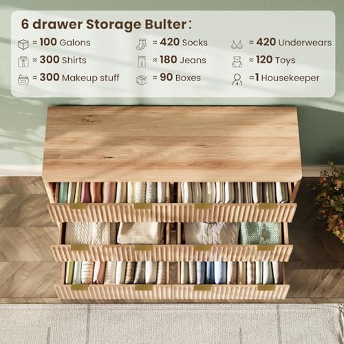 47" Wide Fluted 6 Drawers Dresser for Bedroom,Curved Edge,Oak