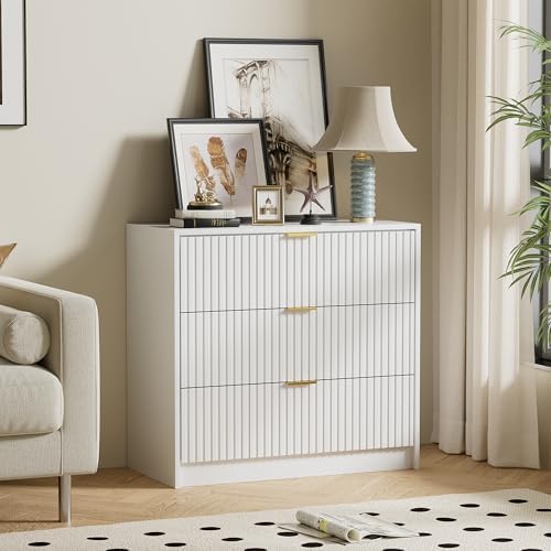 Furniway White Dresser for Bedroom, Modern Dresser with 3 Drawers and Smooth Slides, Wide Chest of Drawers with Golden Handles for Bedroom, Living Room, Closet, 15.7" D x 31.5" W x 29.6" H