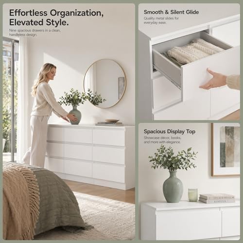 Spaco White 9 Drawer Dresser for Bedroom,Modern Long Dresser with Deep Drawer,Large Storage Chest of Drawer,Wood Bedroom Storage Organizer Furniture Drawers for Living Room