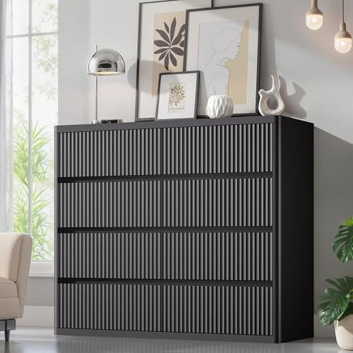 Standifurno Black 8 Drawers Dresser for Bedroom, 48" Wide Wooden Tall Chest of Drawers with Curved Modern Profile Design, Fluted Dresser TV Stand, Wood Closet Clothes Storage Drawer Organizer