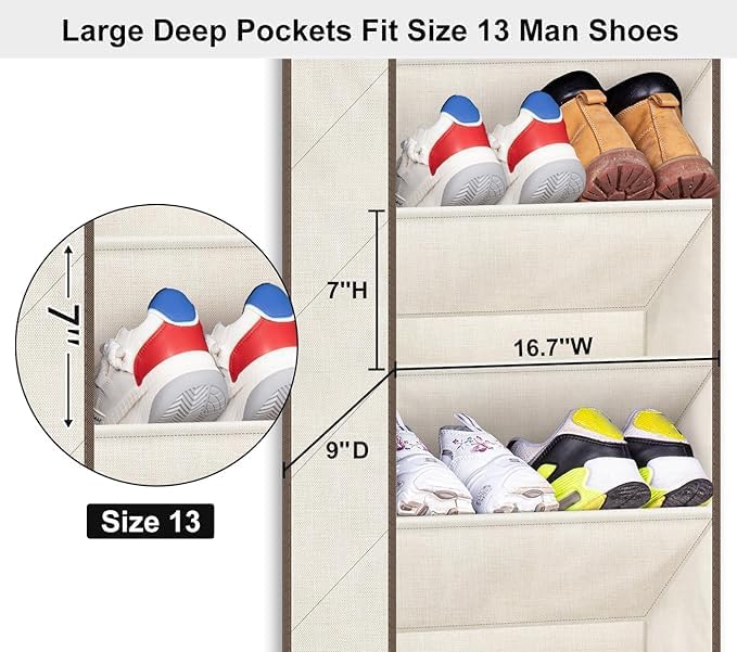 SLEEPING LAMB Over The Door Shoe Organizer for Closet with Large Deep Pockets, Narrow Shoe Rack for Door Hanging Boots Storage, Beige
