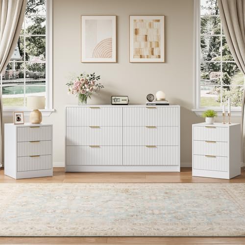 6 Drawer Dresser & 3-Drawer Nightstand Set 3-Piece, White丨Long Dresser and Night Stand Set of 2 with Metal Handle, Fluted Modern Wood Chest of Drawers Storage Dressers Set for Bedroom