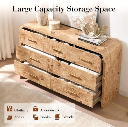 Curved Drawer Dresser for Bedroom with 7 Drawers, 54'' Wide Chest of Drawer