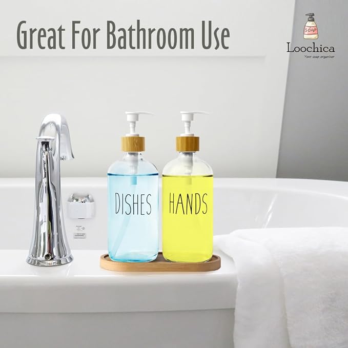 LOOCHICA Clear Glass Soap Dispenser Set with Tray, Transparent Dish and Hand Soap Dispenser Set, Refillable Reusable Apothecary Soap Pump Dispenser Bottles for Bathroom and Kitchen