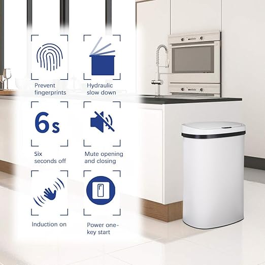 Kitchen Trash Can Office Bathroom Bedroom Waste Bin with Lid Automatic Sensor Touch Free Stainless Steel Garbage Can 13 Gallon / 50L,White