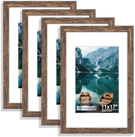 Hongkee 11x17 Picture Frame Set of 4, 11 x 17 Rustic Brown Wood(Mat 8x12)