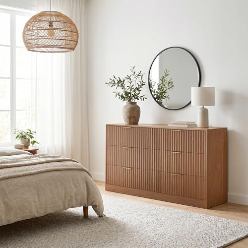 6 Drawer Dresser for Bedroom, 55" Wide Fluted Chest of Drawers