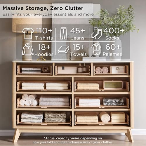 T4TREAM 54" Wide Fluted 9 Drawer Dresser for Bedroom, Natural Oak
