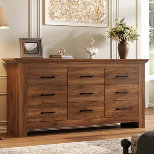 9 Drawer Dresser for Bedroom, Wood Dresser Chests of Drawers with Metal Handle, Triple Wide Dressers, Vintage Design Storage Chest Cabinet and Organizer Drawers for Closet, Hallway, Entryway, Walnut