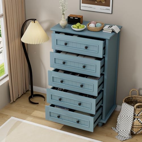 42.7'' Tall 5 Drawer Dresser for Bedroom, Vintage Blue Wood Storage Chest