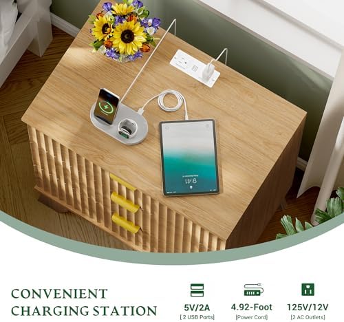 Xixini Fluted Nightstand with Charging Station, Tall Bedside Table, Oak