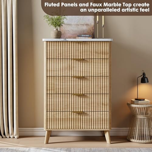 GarveeHome Fluted Dresser for Bedroom with 5 Deep Drawers, Natural Oak