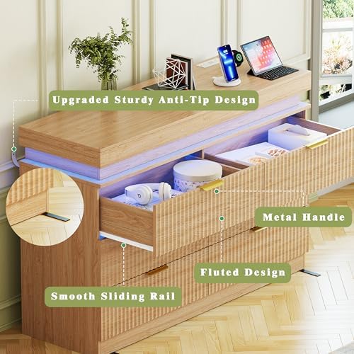 Fluted 6 Drawer Dresser LED Lights & Charging Station, Natural Oak