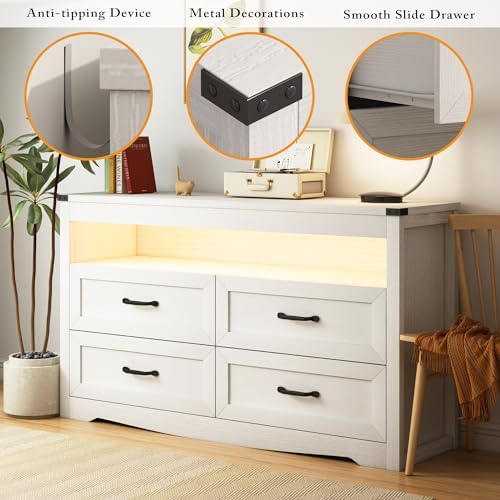 Wodeer White Dresser for Bedroom, Wood 4 Drawer Dresser with LED Light, Dressers & Chests of Drawers with Metal Handles, Storage and Organization for Bedroom, Hallway, Entryway