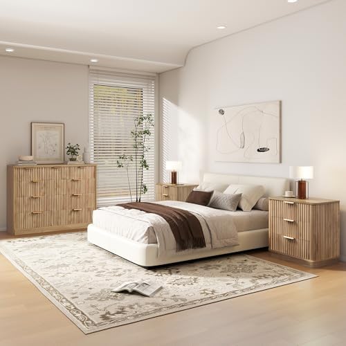 LYNCOHOME Fluted Tall Dresser for Bedroom, 9 Drawer Chest of Drawers, Oak