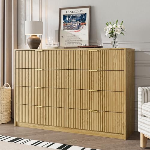 MAISONARIA Dresser for Bedroom, 8 Drawer Double Dresser, Modern Chest of Drawers for Bedroom, Living Room, Entryway and Closet, 15.7" D x 55" W x 37.4" H, Natural