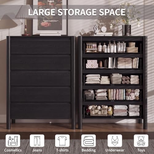 CHUWELL 45" Tall Black 5 Drawer Dresser for Bedroom with Solid Wood Legs