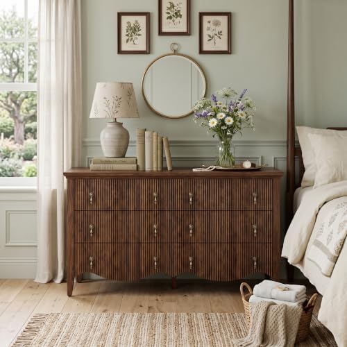 FUSUNBAO 6-Drawer Fluted Dresser, 52" Wide Double Chest of Drawers,Walnut