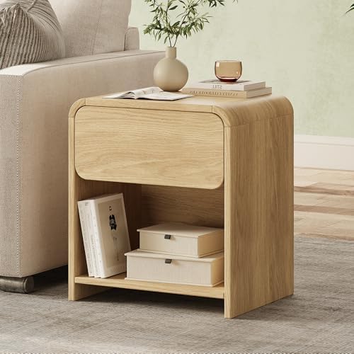 Modern Curved Nightstands Set of 2 with Open Shelf,Natural Oak