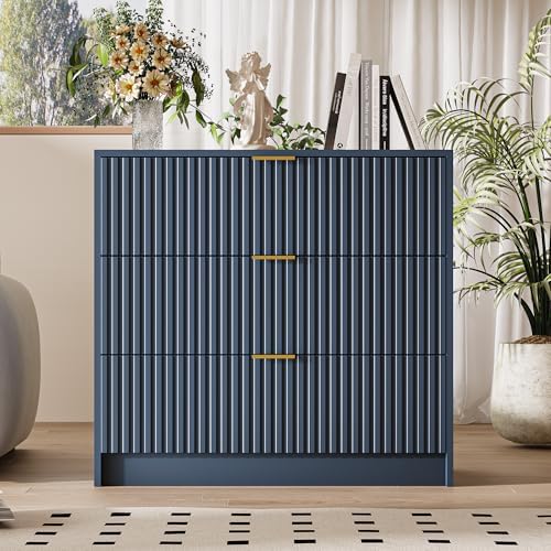 MAISONARIA Fluted Dresser for Bedroom, 32 Inch Wide Nightstand with Large Drawer, 3 Drawer End Table for Bedroom, Living Rooms, Offices, and Entryways, Navy Blue
