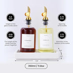 Molimoli Olive Oil Dispenser Bottle for Kitchen, Coffee Syrup Dispenser w. Weighted Pourer, Glass Bottle Dispenser for Kitchen with Ceramic Tray | Gold, 350ml, Set of 2