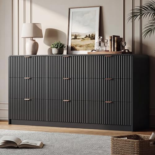 HOUROM Black Fluted Dresser for Bedroom,9 Drawer Chest,59in Wood Cabinet