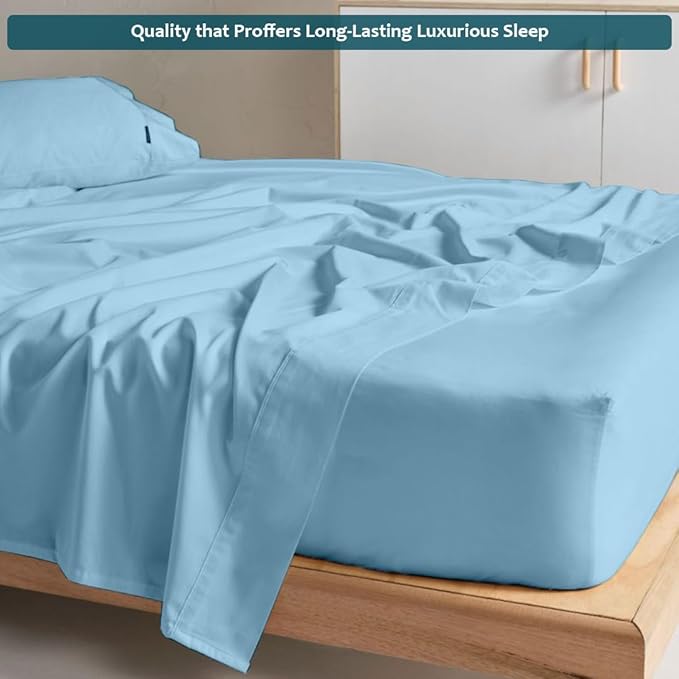 Queen Sheet Set - Luxury 338 Thread Count Sateen, 100% Egyptian Cotton Deep Pocket Queen Sheets with All Around Elastic for a, Hotel Quality Bedding Set (Light Blue Solid)