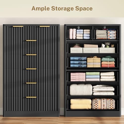 TEENOFN Fluted Dresser for Bedroom with 7 Drawers, 48" Tall Modern Chest of Drawers with Metal Handle, Wooden Dresser TV Stand, Wood Closet Clothes Storage Organizer for Living Room, Hallway, Black