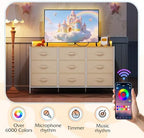 WLIVE Dresser TV Stand 9 Drawers, Fabric Chest of Drawers LED Lights, Cream