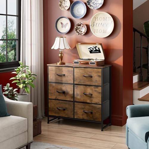 WLIVE Dresser for Bedroom with 6 Drawers, Rustic Brown Wood Grain Print