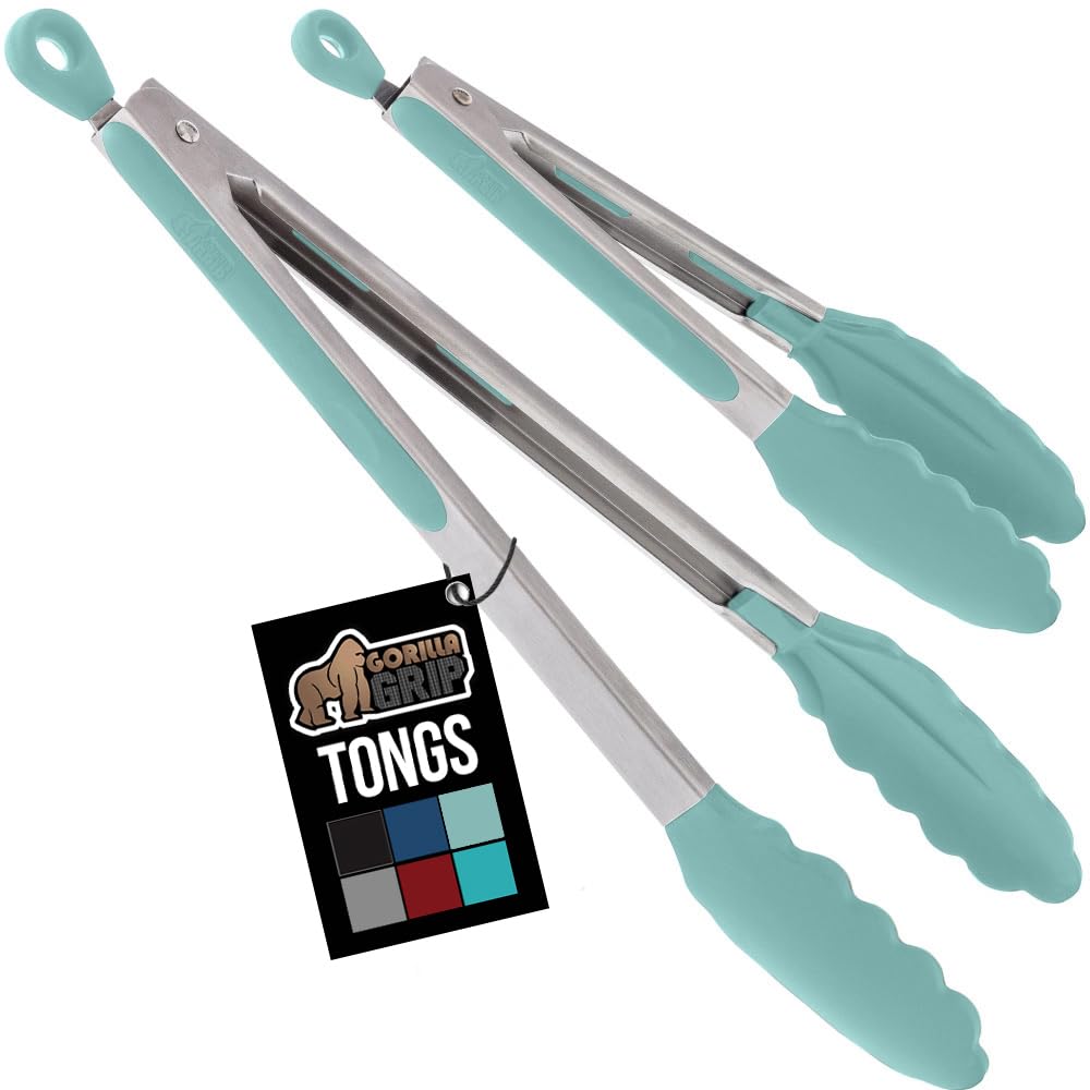 GORILLA GRIP Stainless Steel Kitchen Tongs for Cooking, 2 PK, Turquoise