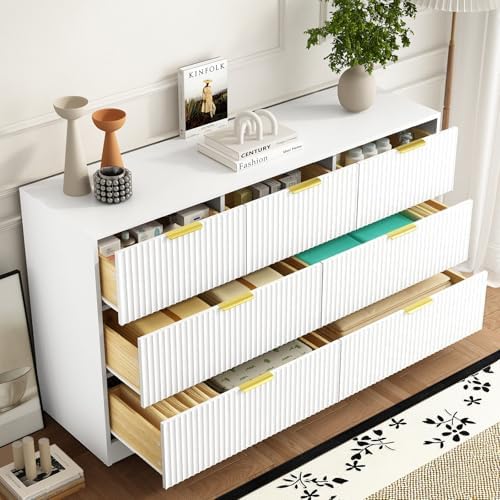 7 Drawer Fluted Dresser with Deep Drawers for Bedroom, White丨55 Wide Mid Century Dresser, Modern Chest of Drawers, Wood TV Stand Storage Organizer for Closet, Living Room, Hallway