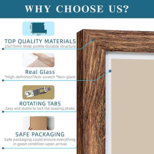 Hongkee 6x6 Picture Frame Set of 4, Made of Glass and Rustic Brown Wooden Frame - Display Picture 4x4 with Mat or 6 x 6 Without Mat, 6x6 Photo for Wall or Tabletop