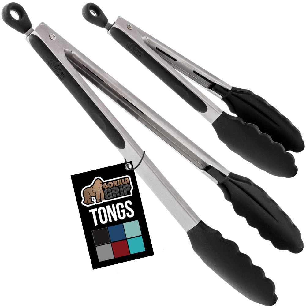 GORILLA GRIP Stainless Steel Kitchen Tongs for Cooking, 2 PK, Turquoise