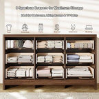 Fluted 9 Drawer Dresser for Bedroom, 59" Horizontal Wide Modern Low Profile Chest of Drawers with Metal Handle & Storage, Long Wooden Dresser TV Stand for Living Room & Closet, Walnut Brown Dresser
