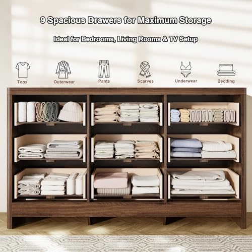 Fluted 9 Drawer Dresser for Bedroom, 59" Horizontal Wide Modern Low Profile Chest of Drawers with Metal Handle & Storage, Long Wooden Dresser TV Stand for Living Room & Closet, Walnut Brown Dresser