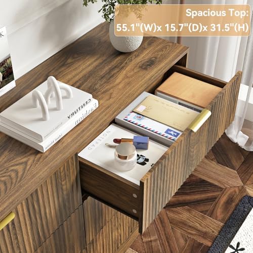 Walnut 6 Drawer Dresser for Bedroom, 55'' Wide Wood Chest of Drawers, Modern Fluted Bedroom Dressers with Drawers, Large Dresser TV Stand Mid Century Double Dresser for Living Room, Hallway