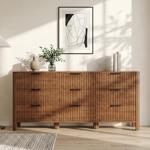 Wodeer 9 Drawer Dresser for Bedroom, 62" W Wide Wood Storage Cabinet with Fluted Design, Modern Chest of Drawers & TV Stand for Living Room, Nursery Clothing Organizer with Metal Slides, Anti-Tipping