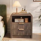 Decofy Fluted 2-Drawer Nightstand with Charging Station, Walnut