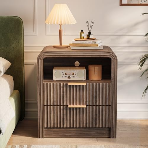 Decofy Fluted 2-Drawer Nightstand with Charging Station, Walnut