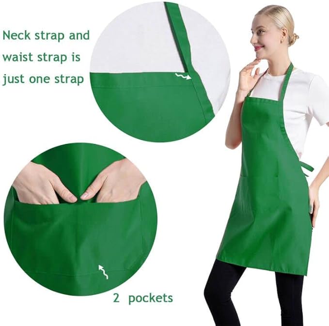 Total 12 PCS Plain Bib Blackish Green Bulk Aprons for Women Men Adult with 2 Front Pockets-BBQ Dad Grilling Cooking Apron (green-12pcs)