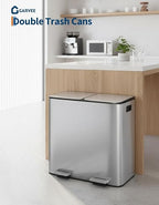 Garvee Double Trash Can, 2 x 10.6 gal (2 x 40 L) Garbage Can for Kitchen Dual Compartment Recycling Kitchen Step Trash Bin, Stainless Steel Trash and Recycle Bin Combo with Soft-Close Lid,Silver