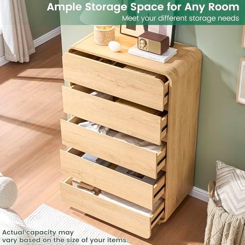 Standifurno Natural 5 Drawer Dresser, Modern Dresser with Storage, Chest Drawers with Wood Grain Texture, Drawers Organizer for Bedroom, Living Room, Hallway.